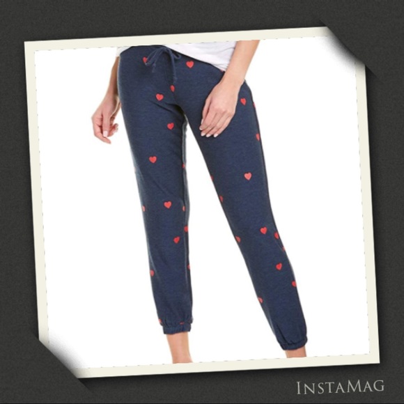 CHASER Blue Cozy Joggers with Tiny Red Hearts Print - Picture 1 of 9
